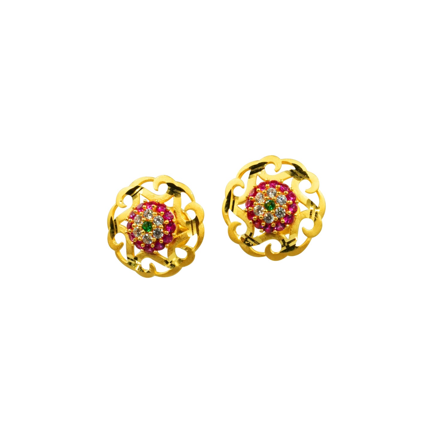22K Earrings - Semi Antique Floral Round Drops