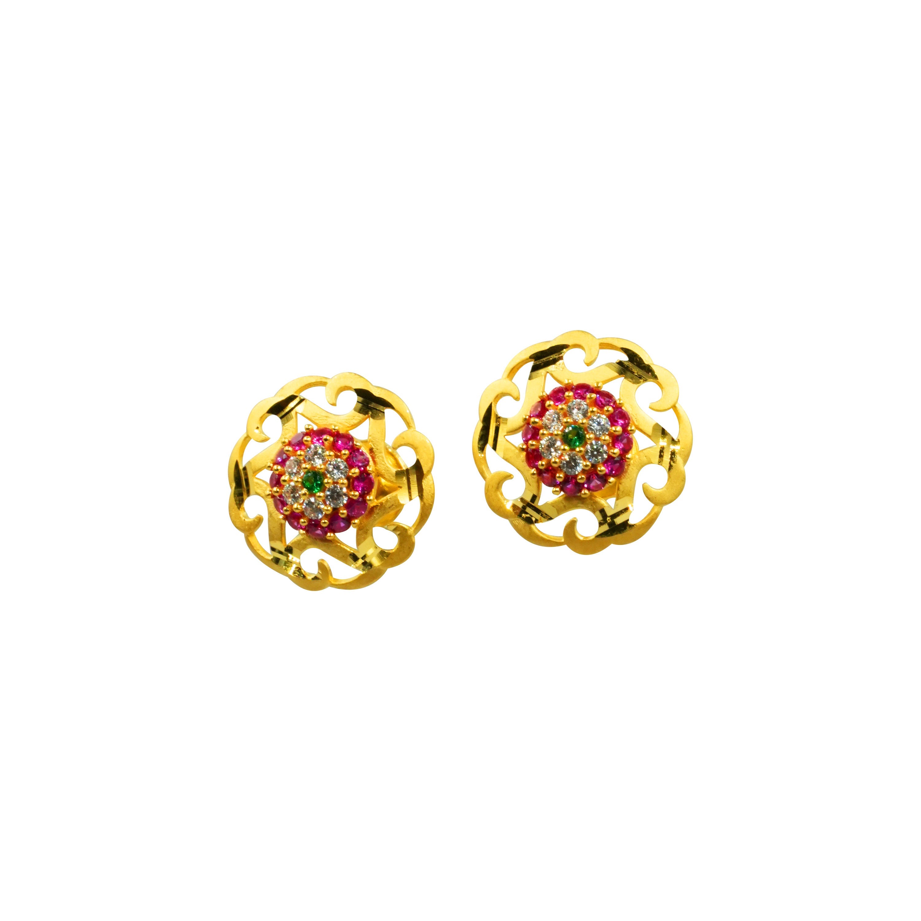 22K Earrings - Semi Antique Floral Round Drops