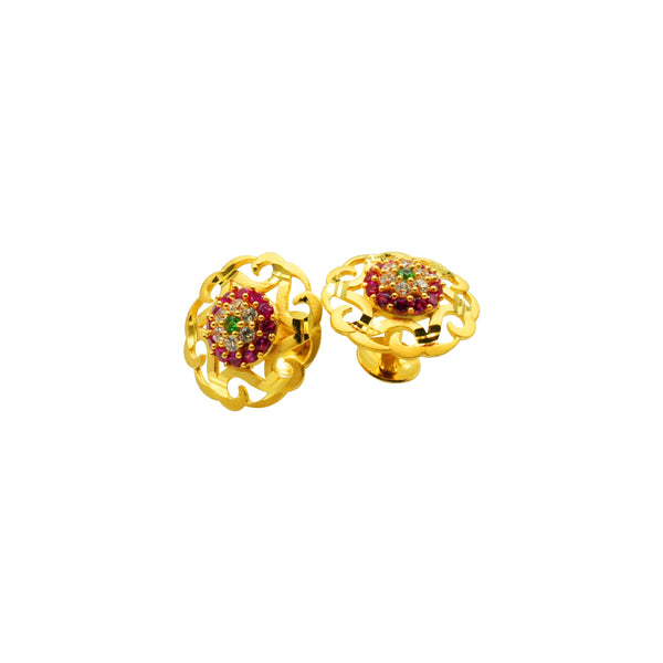 22K Earrings - Semi Antique Floral Round Drops